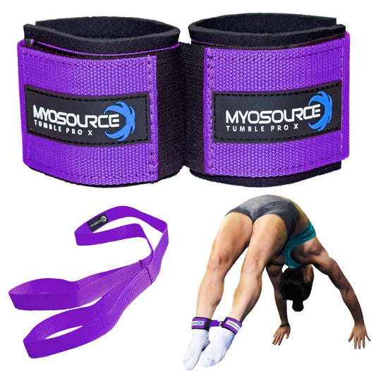 Kit de Correas para Tobillo Myosource Kinetic Bands Tumble Pro X – Equipo de Tumbling en Pie para Porristas y Entrenador de Volteretas hacia Atrás en Gimnasia – Incluye Correa de Estiramiento para Acrobacias de Flexibilidad – Morado