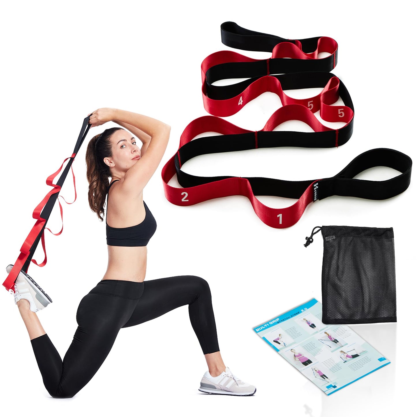 Correa de Estiramiento con Lazos Bandas de Estiramiento de Piernas para Ejercicio Cinturón de Yoga para Terapia Física Estirador de Fascia (Rojo)